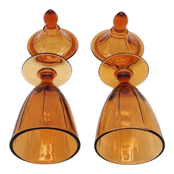 Vintage Mid Century Cambridge Amber Glass Compote Candy Dishes Pair - 8.5" Tall - Picture 8 of 14
